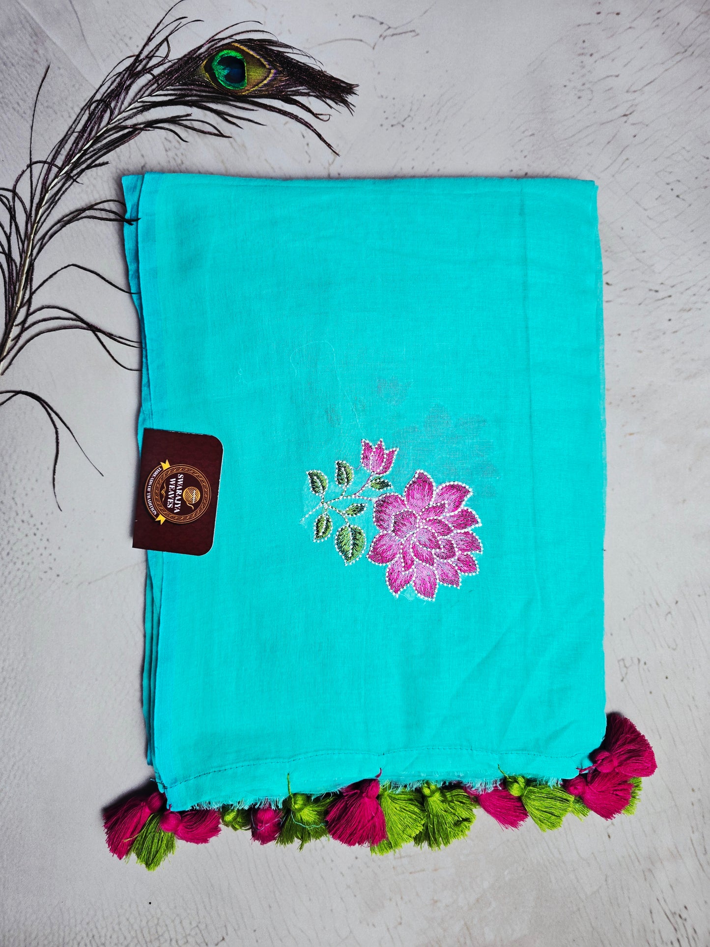 Turquoise Blue Embroidered Floral Mul Cotton Saree with Magenta & Lime Green Tassels