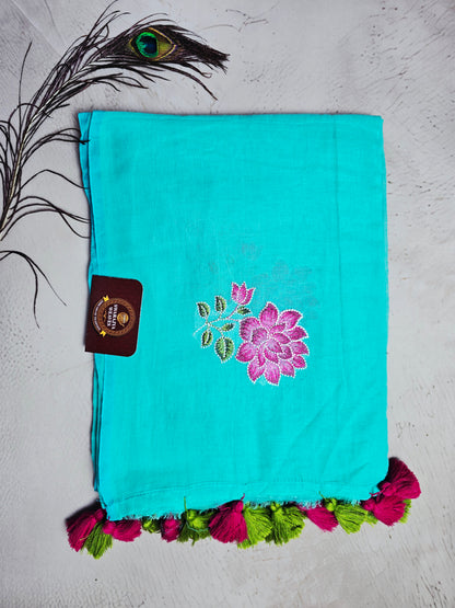 Turquoise Blue Embroidered Floral Mul Cotton Saree with Magenta & Lime Green Tassels
