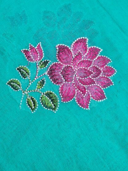Turquoise Blue Embroidered Floral Mul Cotton Saree with Magenta & Lime Green Tassels