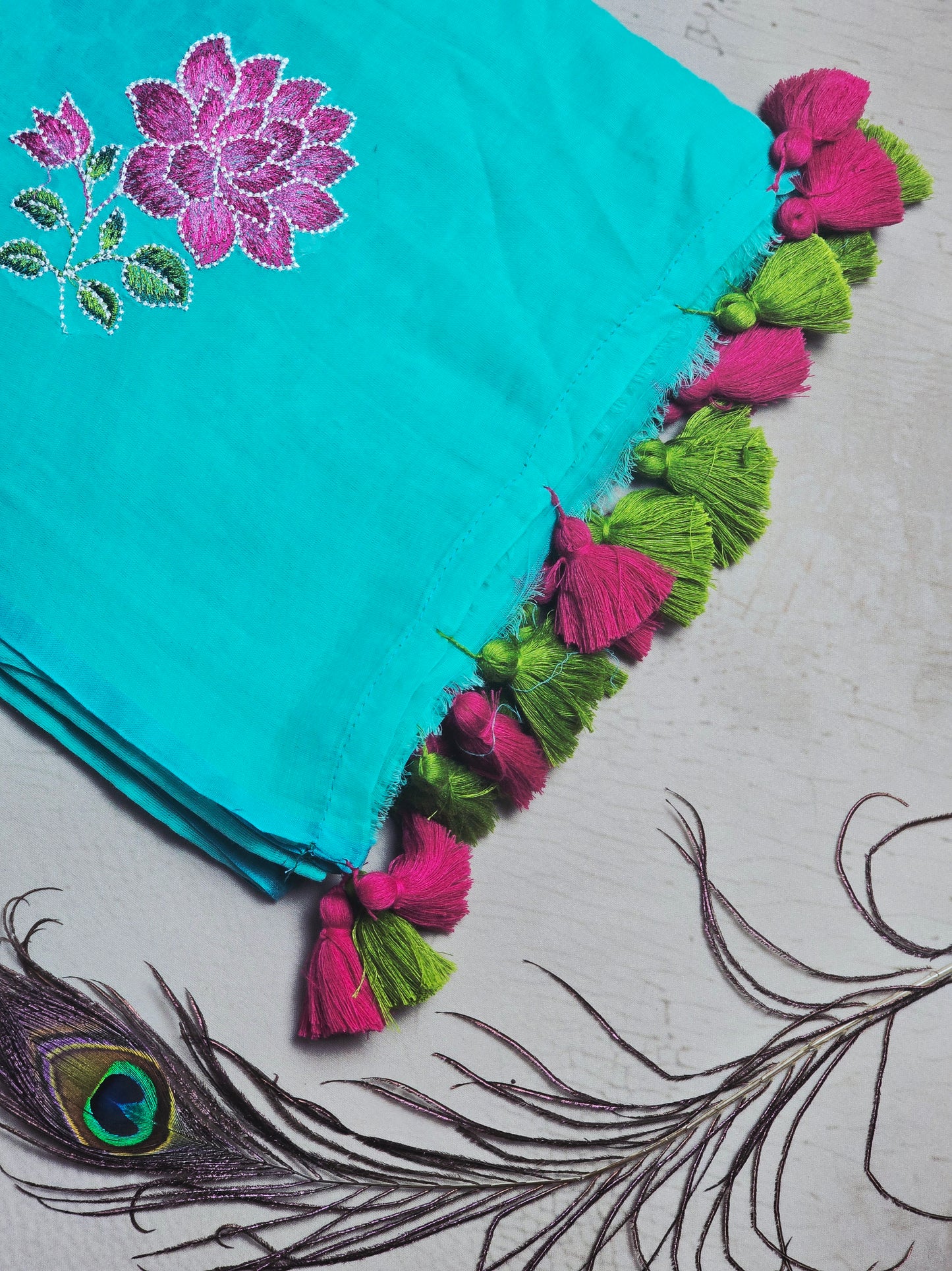 Turquoise Blue Embroidered Floral Mul Cotton Saree with Magenta & Lime Green Tassels
