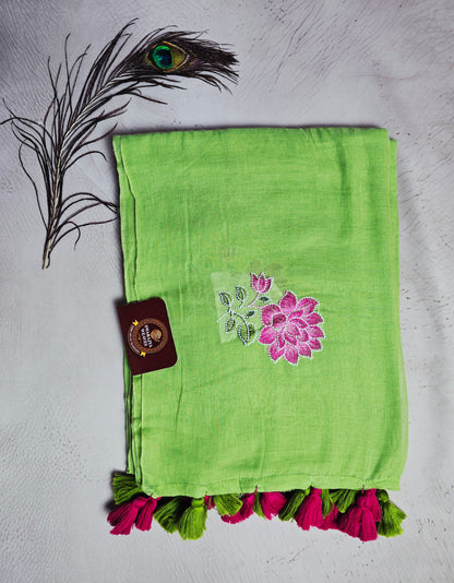 Pastel Lime Green Embroidered Floral Mul Cotton Saree with Magenta & Olive Green Tassels