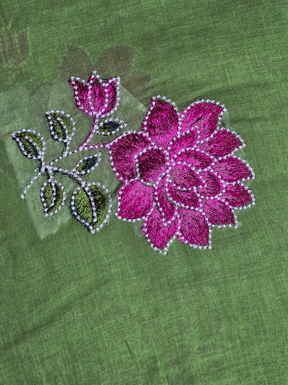 Pastel Lime Green Embroidered Floral Mul Cotton Saree with Magenta & Olive Green Tassels