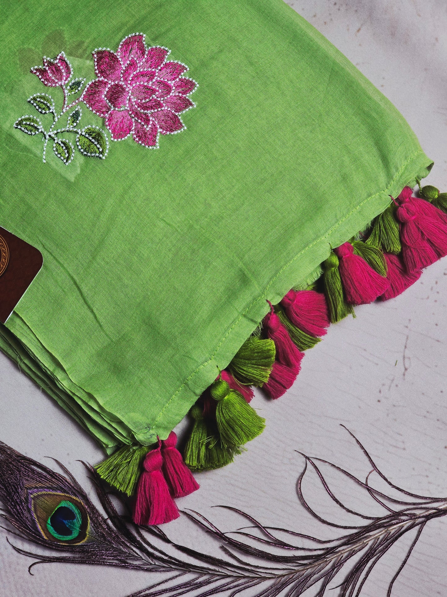 Pastel Lime Green Embroidered Floral Mul Cotton Saree with Magenta & Olive Green Tassels