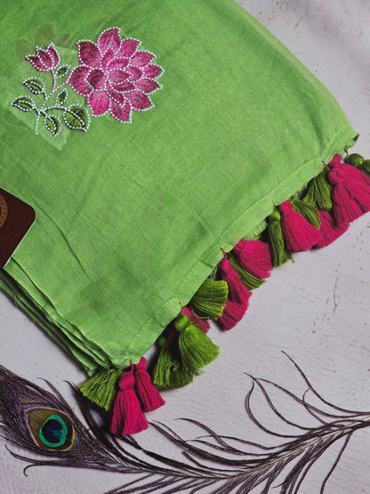 Pastel Lime Green Embroidered Floral Mul Cotton Saree with Magenta & Olive Green Tassels