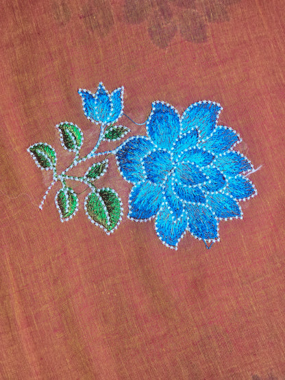 Sunset Orange Embroidered Floral Mul Cotton Saree with Royal Blue & Emerald Green Tassels