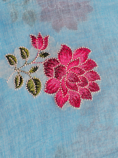 Sky Blue Embroidered Floral Mul Cotton Saree with Deep Green & Magenta Tassels