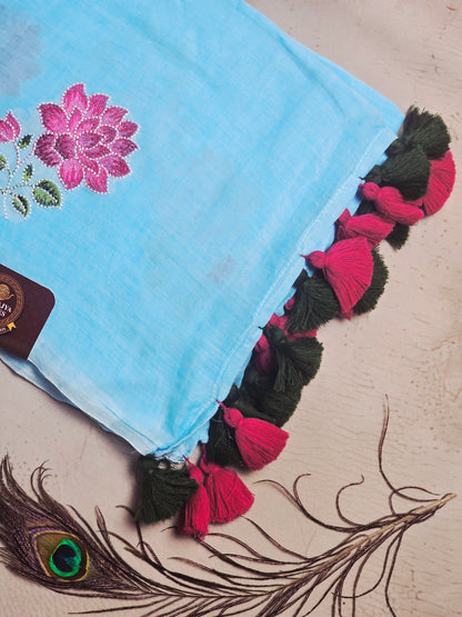 Sky Blue Embroidered Floral Mul Cotton Saree with Deep Green & Magenta Tassels