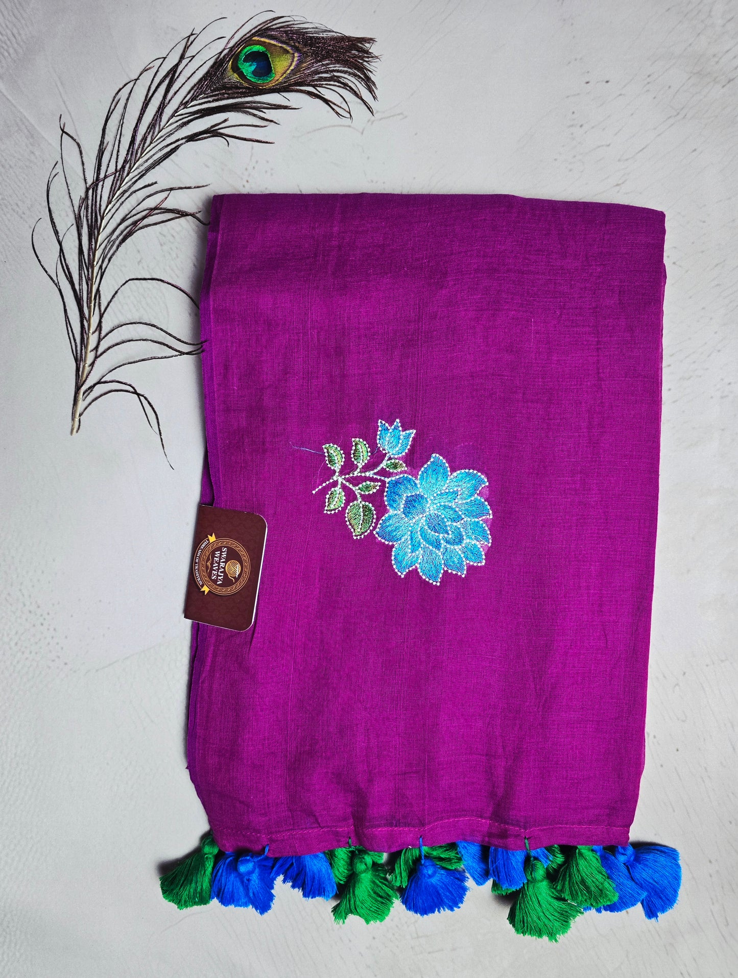 Magenta Embroidered Floral Mul Cotton Saree with Royal Blue & Emerald Green Tassels