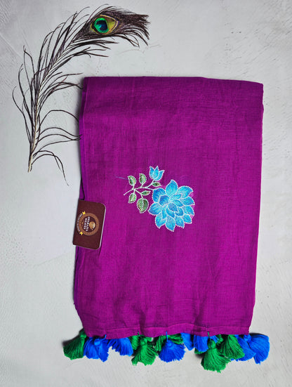 Magenta Embroidered Floral Mul Cotton Saree with Royal Blue & Emerald Green Tassels