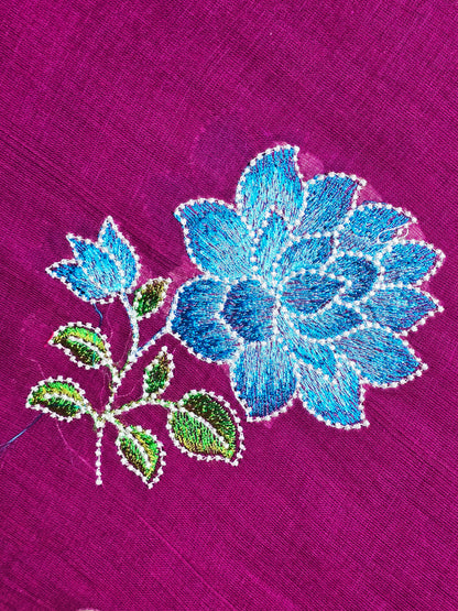 Magenta Embroidered Floral Mul Cotton Saree with Royal Blue & Emerald Green Tassels