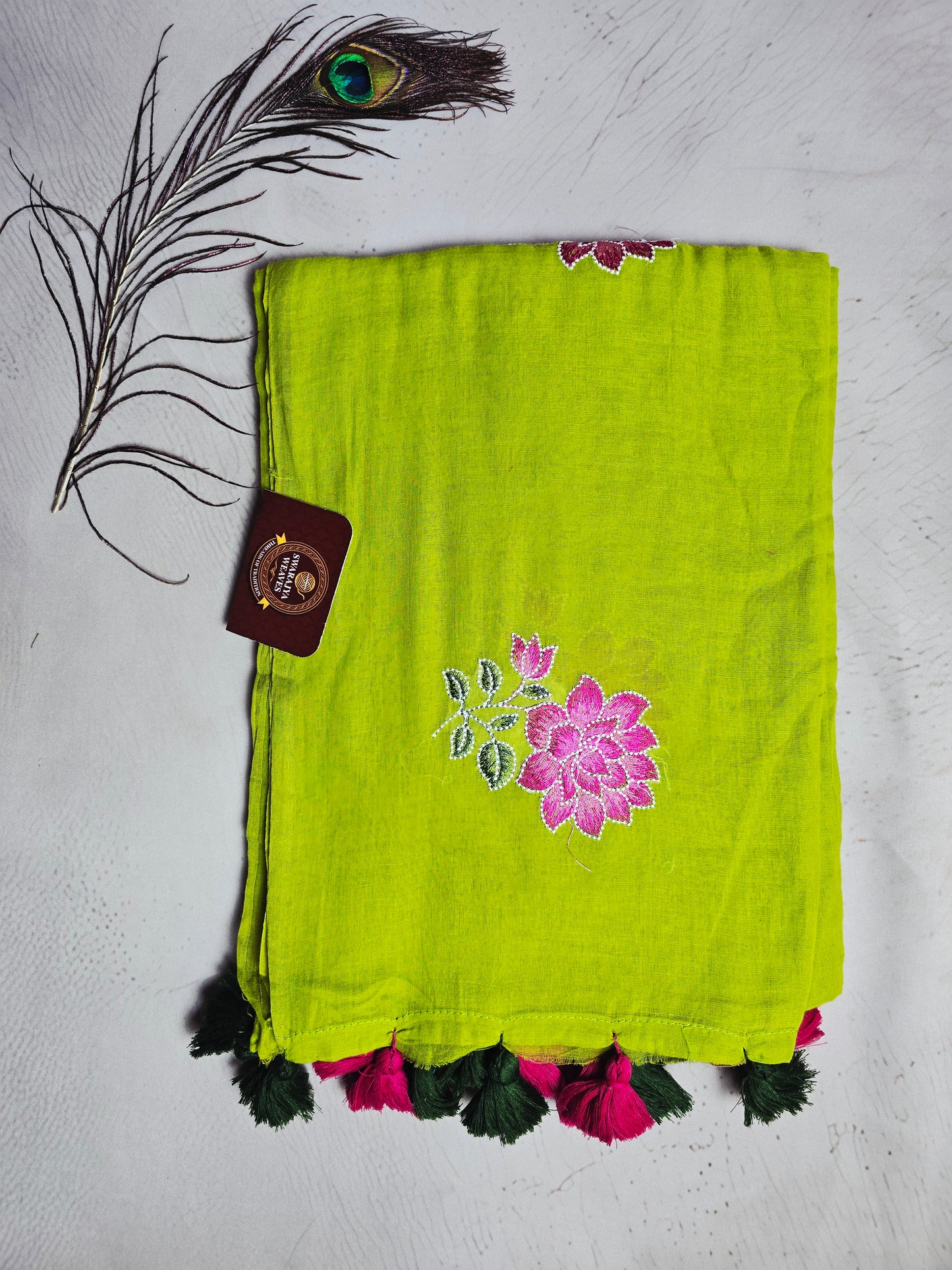 Lime Green Embroidered Floral Mul Cotton Saree with Forest Green & Magenta Tassels
