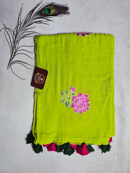 Lime Green Embroidered Floral Mul Cotton Saree with Forest Green & Magenta Tassels