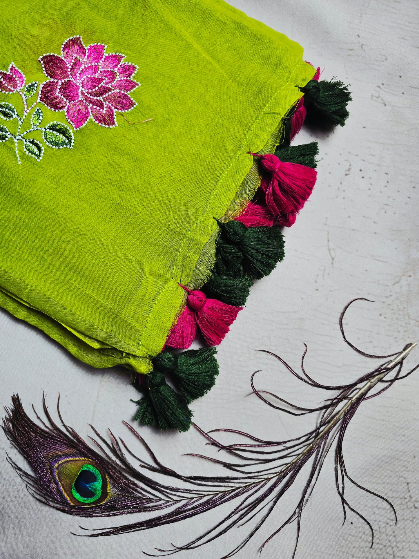 Lime Green Embroidered Floral Mul Cotton Saree with Forest Green & Magenta Tassels