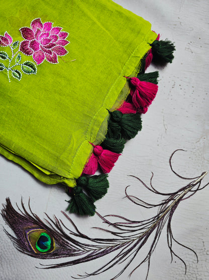 Lime Green Embroidered Floral Mul Cotton Saree with Forest Green & Magenta Tassels
