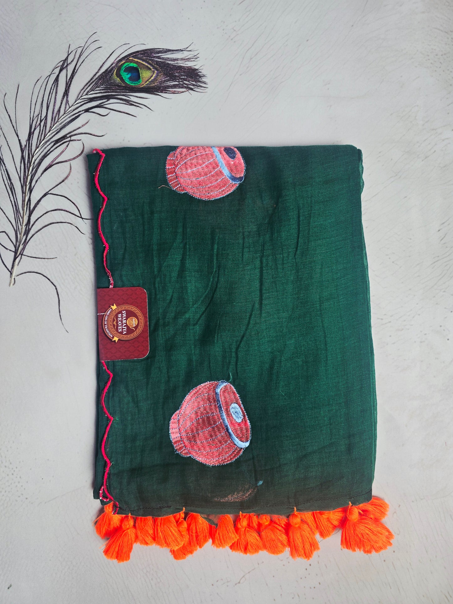 Forest Green Mul Cotton Saree with Traditional Matka Embroidery & Orange Tassels