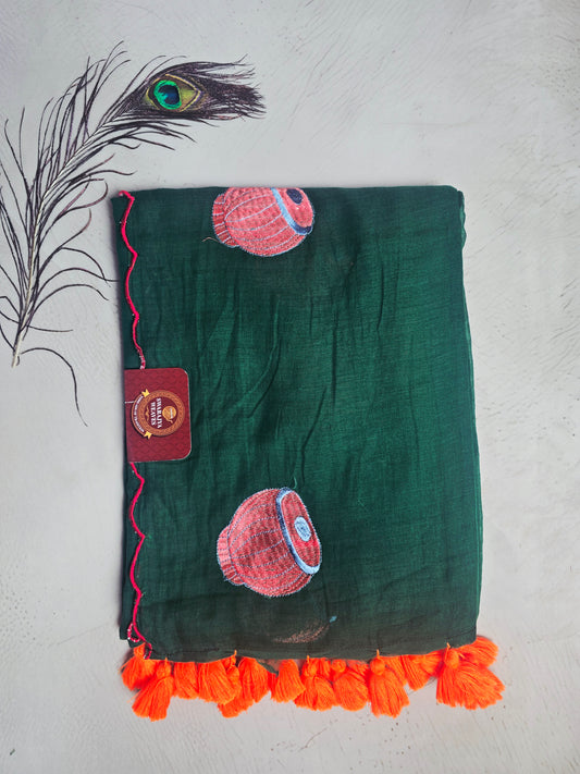 Forest Green Mul Cotton Saree with Traditional Matka Embroidery & Orange Tassels