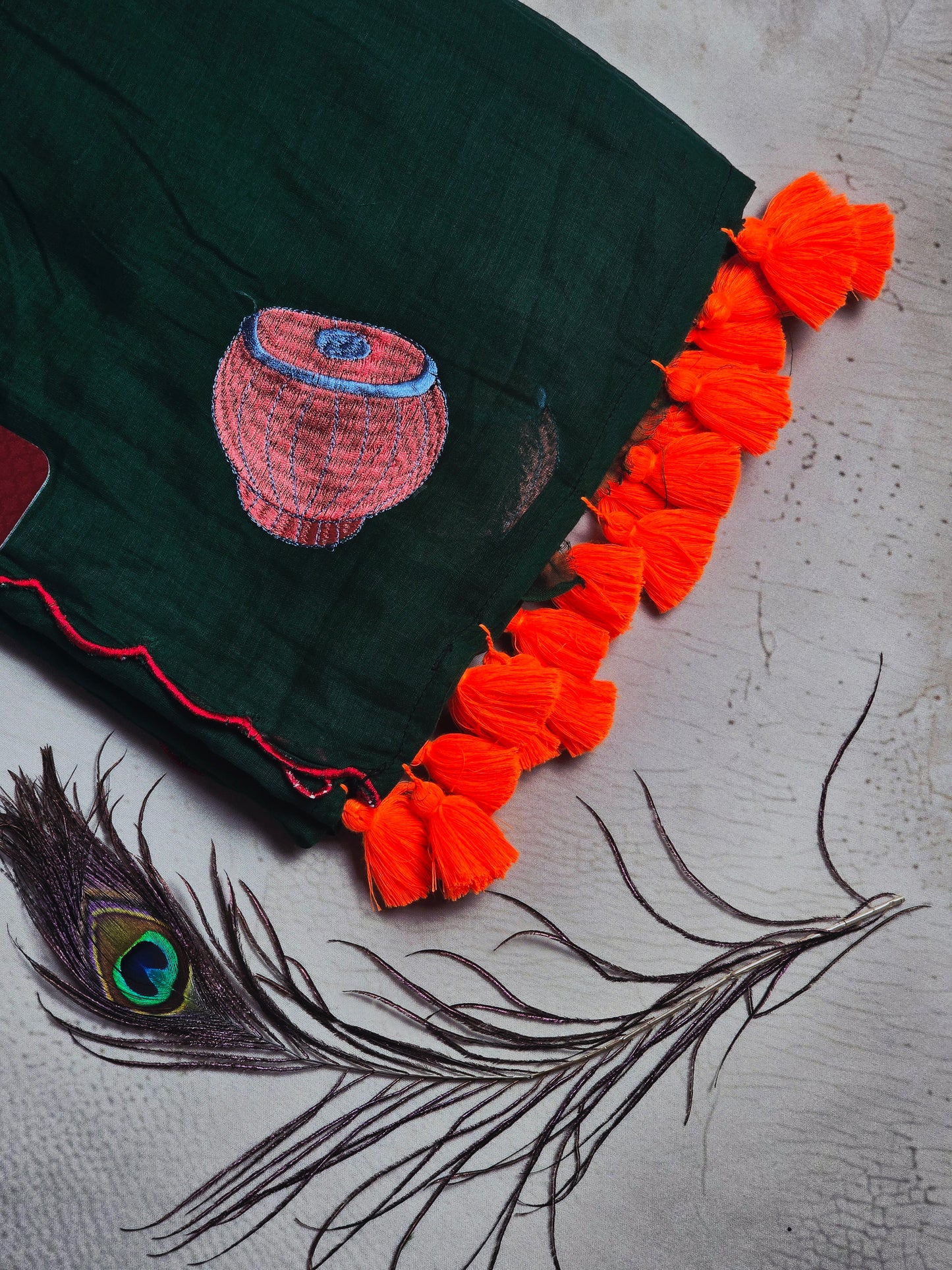 Deep Forest Green Matka Pot Embroidered Mul Cotton Saree with Bright Orange Tassels