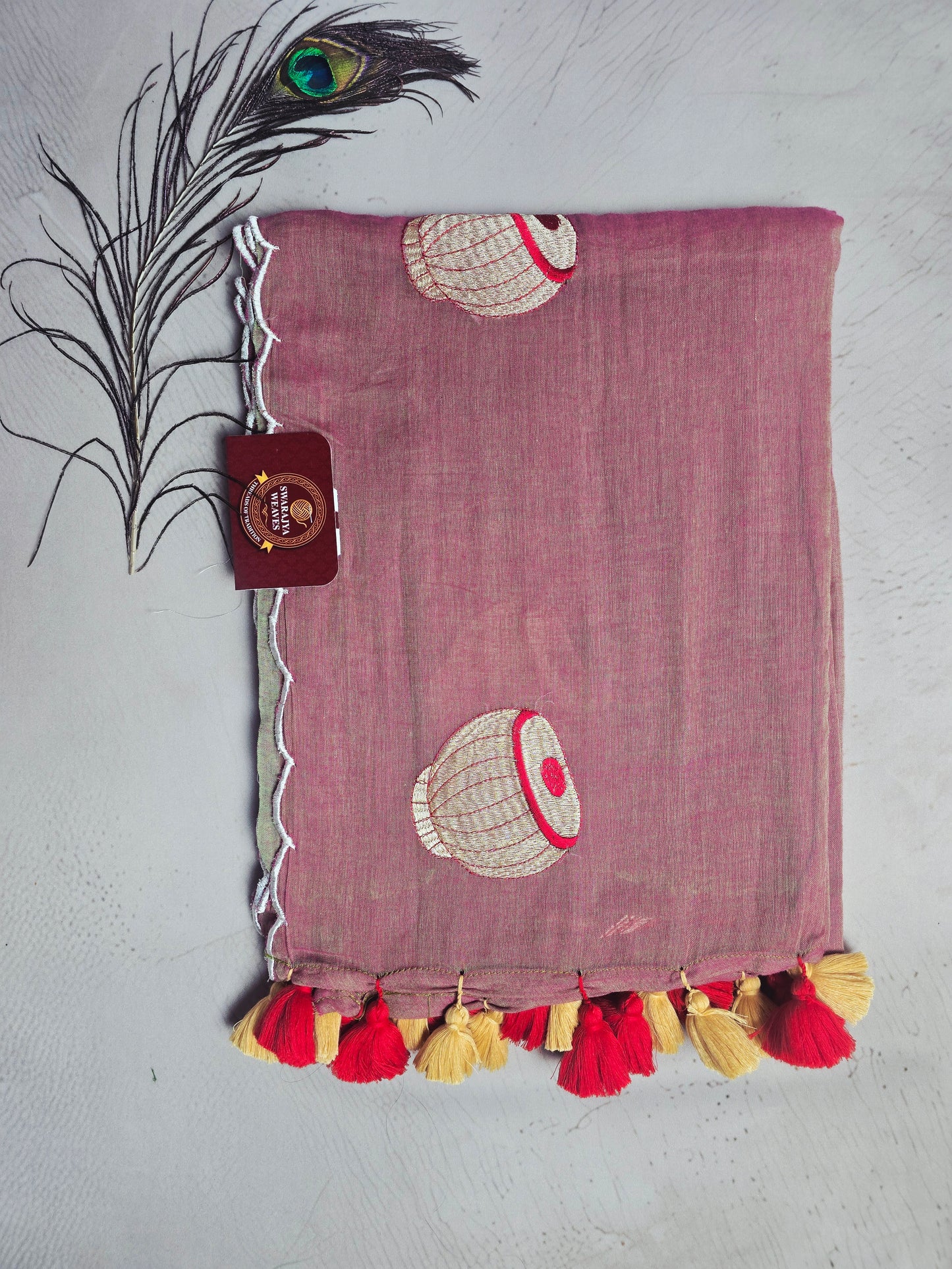 Dusty Mauve Mul Cotton Saree with Traditional Matka Embroidery & Dual Tone Tassels