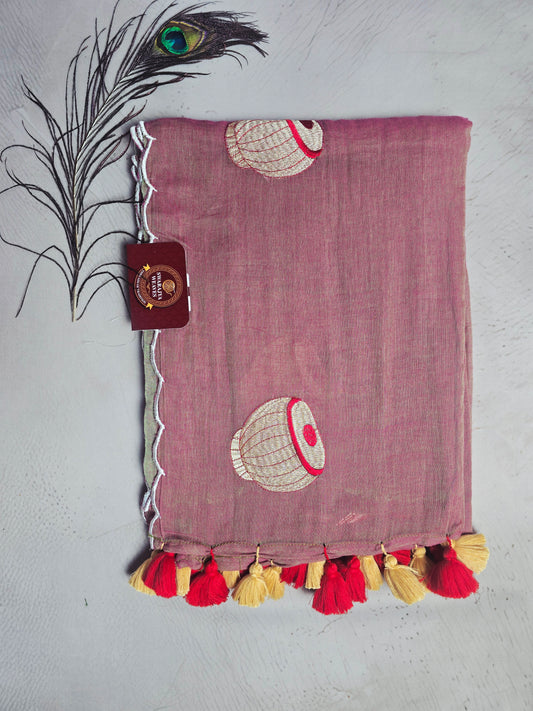 Dusty Mauve Mul Cotton Saree with Traditional Matka Embroidery & Dual Tone Tassels