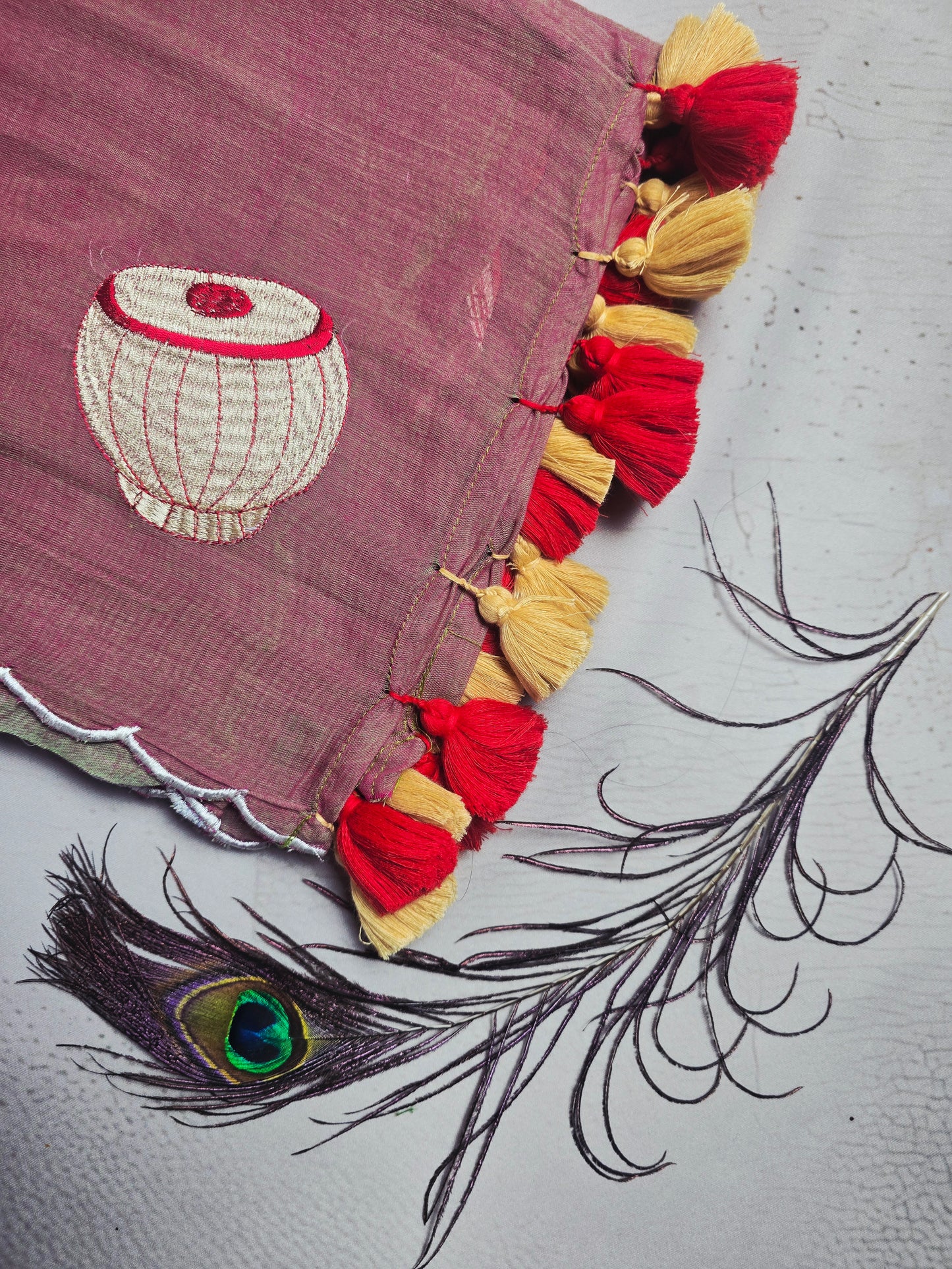 Dusty Mauve Mul Cotton Saree with Traditional Matka Embroidery & Dual Tone Tassels