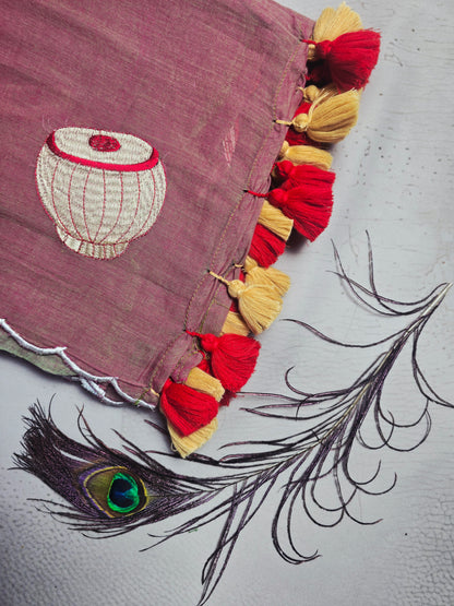 Dusty Mauve Mul Cotton Saree with Traditional Matka Embroidery & Dual Tone Tassels