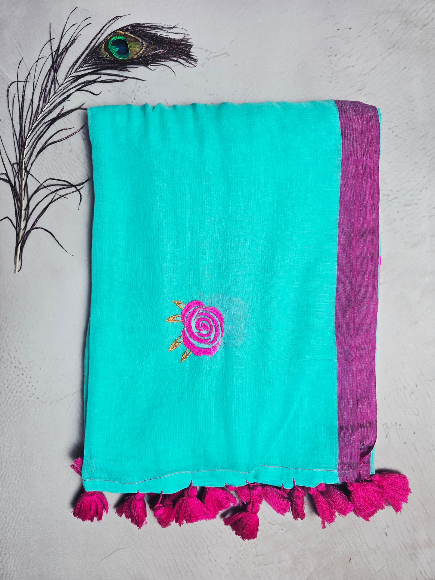Aqua Blue Embroidered Rose Mul Cotton Saree with Magenta Border & Tassels