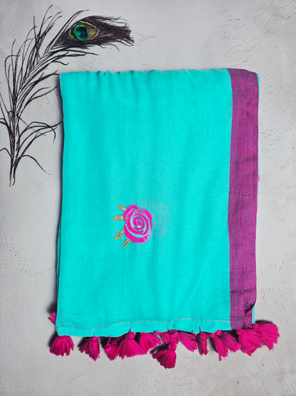 Aqua Blue Embroidered Rose Mul Cotton Saree with Magenta Border & Tassels