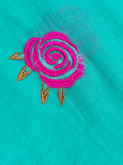 Aqua Blue Embroidered Rose Mul Cotton Saree with Magenta Border & Tassels