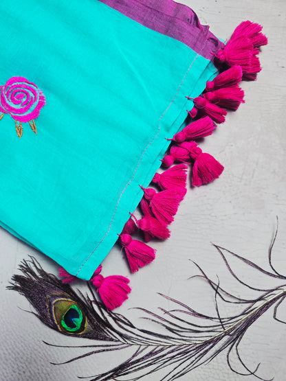 Aqua Blue Embroidered Rose Mul Cotton Saree with Magenta Border & Tassels