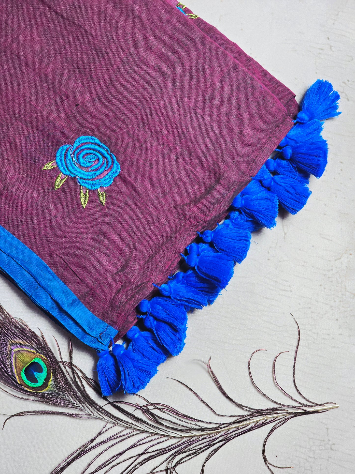 Wine Brown Embroidered Rose Mul Cotton Saree with Royal Blue Tassels