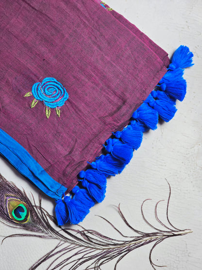 Wine Brown Embroidered Rose Mul Cotton Saree with Royal Blue Tassels