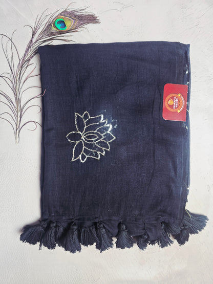 Midnight Black Mul Cotton Saree with Silver Lotus Embroidery & Handcrafted Black Tassels