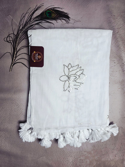 Pearl White Mul Cotton Saree with Silver Lotus Embroidery & Handcrafted White Tassels