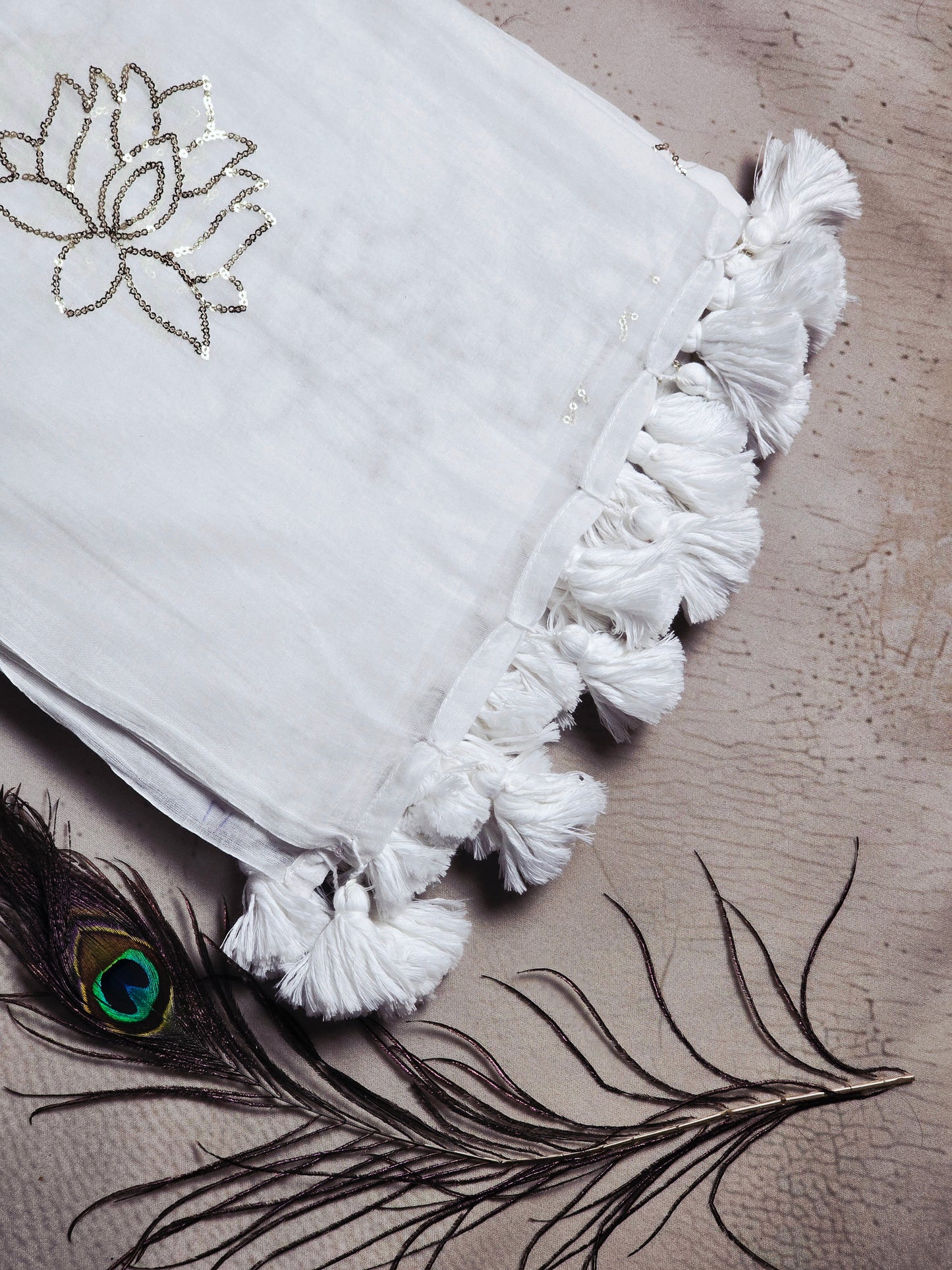 Pearl White Mul Cotton Saree with Silver Lotus Embroidery & Handcrafted White Tassels