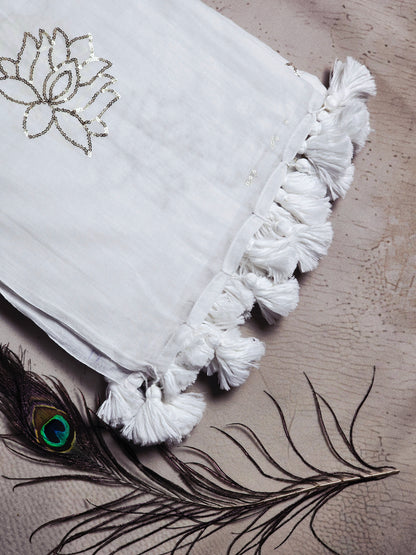 Pearl White Mul Cotton Saree with Silver Lotus Embroidery & Handcrafted White Tassels