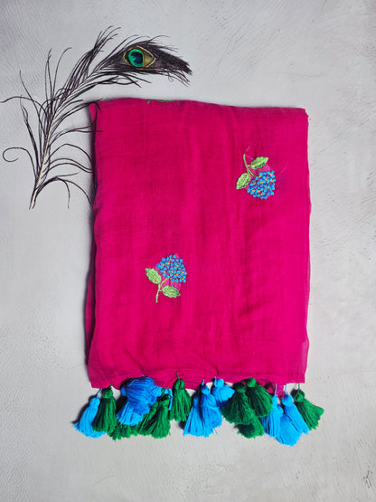 Rani Pink Mul Cotton Saree with Blue Floral Embroidery & Dual Tone Tassels