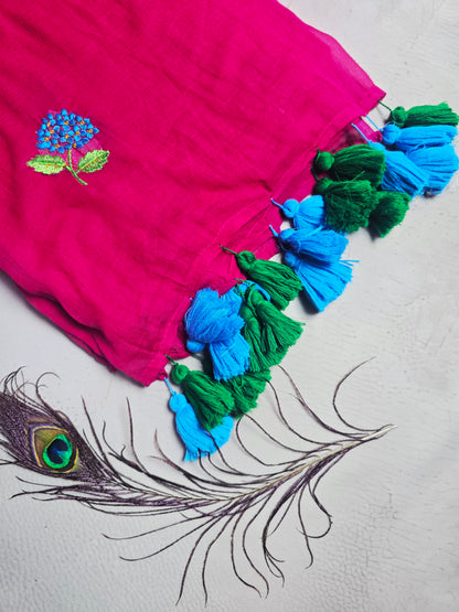 Rani Pink Mul Cotton Saree with Blue Floral Embroidery & Dual Tone Tassels