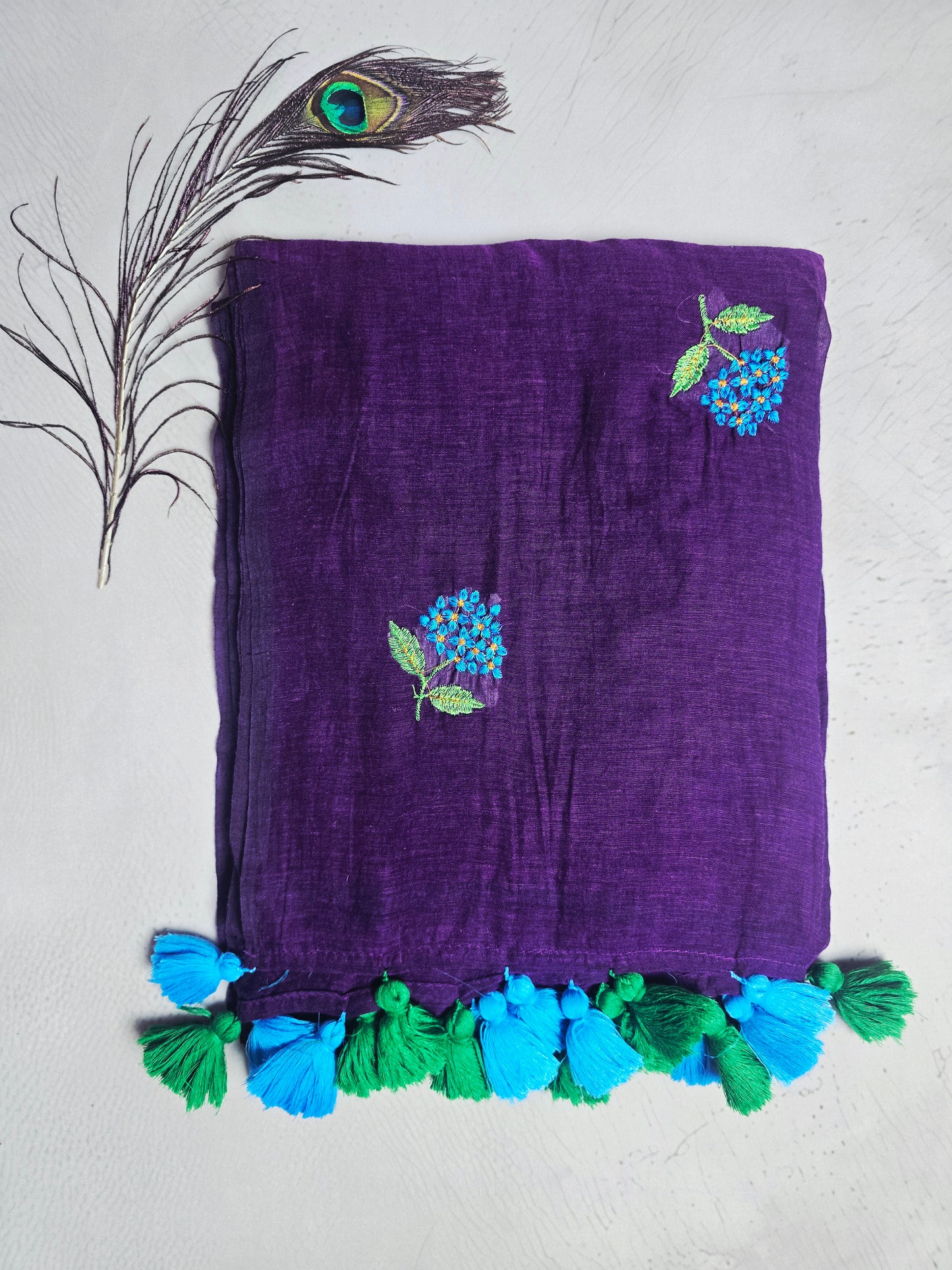Royal Purple Embroidered Floral Mul Cotton Saree with Dual Tone Tassels