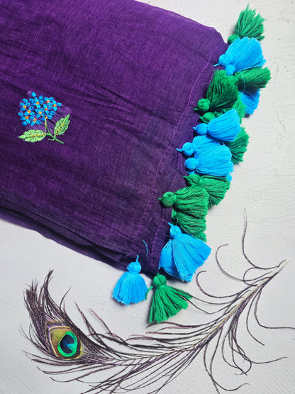 Royal Purple Embroidered Floral Mul Cotton Saree with Dual Tone Tassels