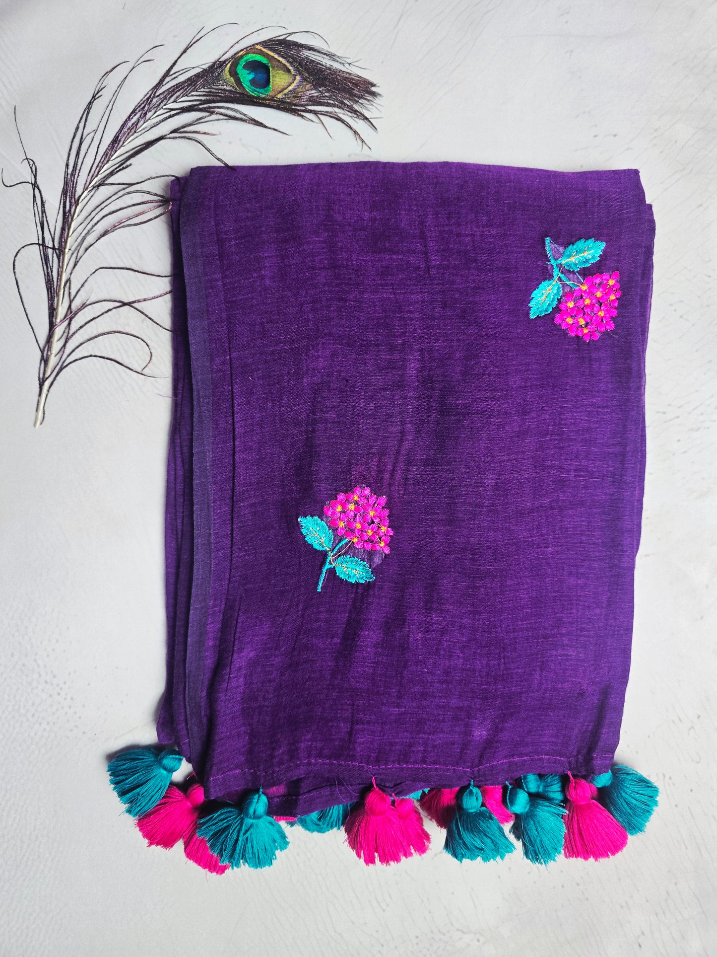 Royal Purple Embroidered Floral Mul Cotton Saree with Teal & Magenta Tassels