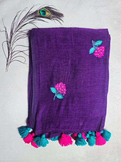 Royal Purple Embroidered Floral Mul Cotton Saree with Teal & Magenta Tassels