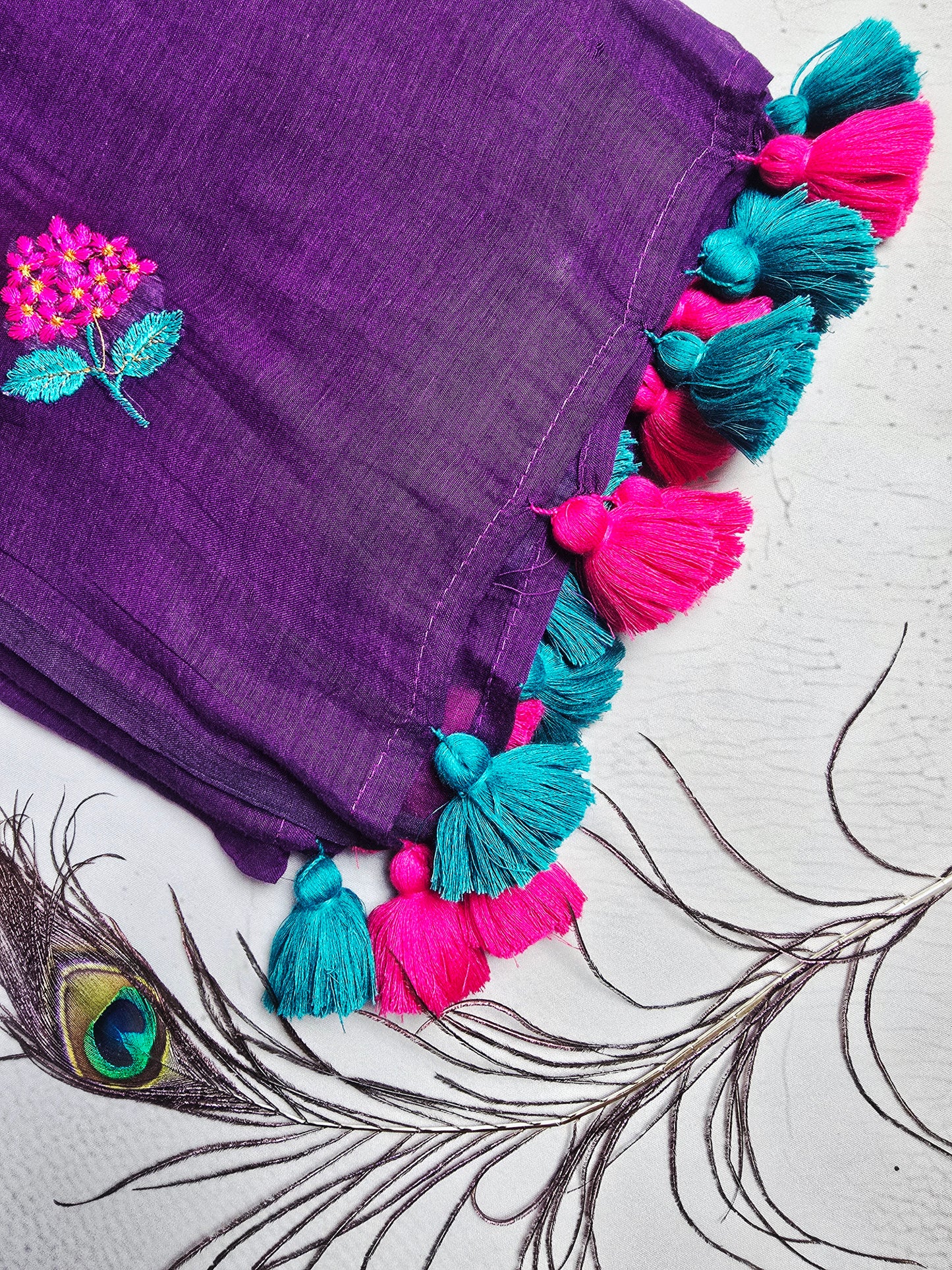 Royal Purple Embroidered Floral Mul Cotton Saree with Teal & Magenta Tassels
