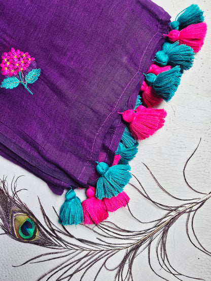 Royal Purple Embroidered Floral Mul Cotton Saree with Teal & Magenta Tassels