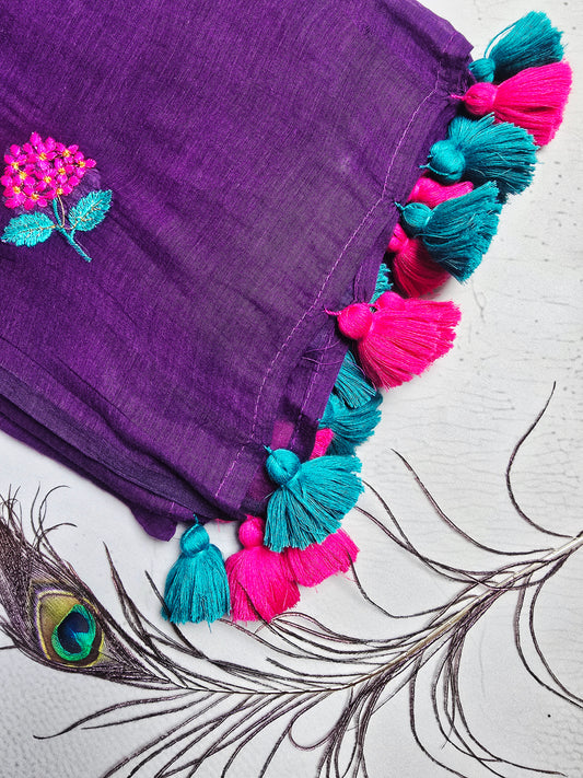 Royal Purple Embroidered Floral Mul Cotton Saree with Teal & Magenta Tassels