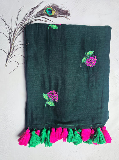 Forest Green Embroidered Floral Mul Cotton Saree with Dual Tone Tassels