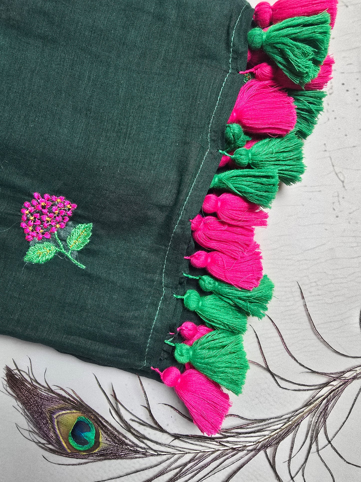 Forest Green Embroidered Floral Mul Cotton Saree with Dual Tone Tassels