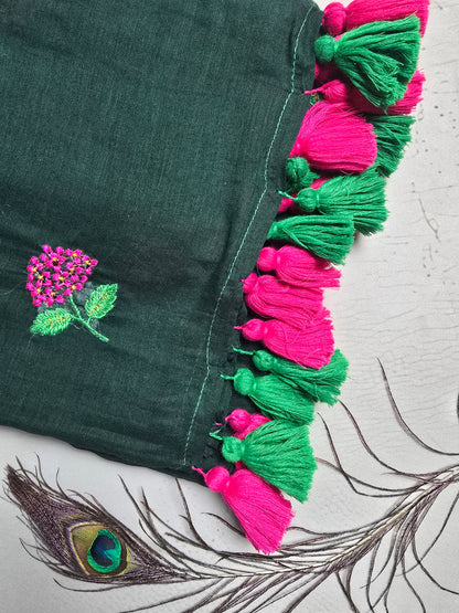 Forest Green Embroidered Floral Mul Cotton Saree with Dual Tone Tassels