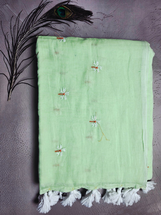 Pastel Pistachio Mul Cotton Saree with Delicate Daisy Embroidery & Handcrafted White Tassels