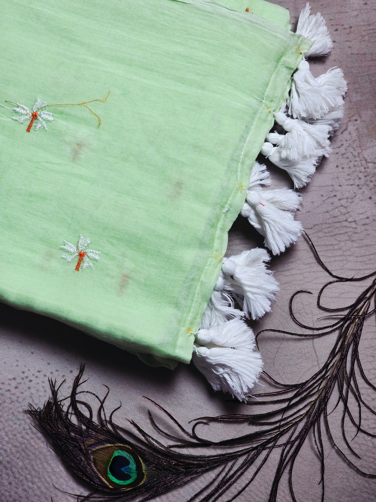 Pastel Pistachio Mul Cotton Saree with Delicate Daisy Embroidery & Handcrafted White Tassels