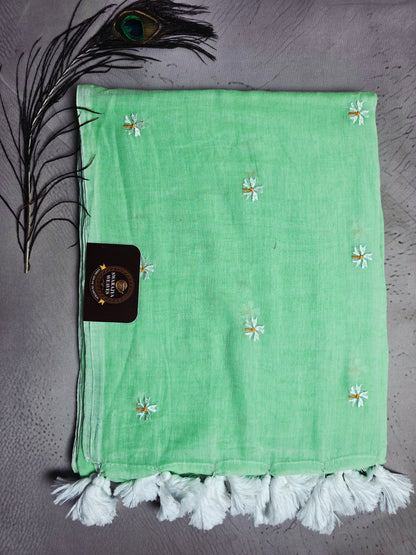 Mint Green Mul Cotton Saree with Daisy Embroidery & Handcrafted White Tassels